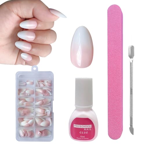ZAHRVIA Kit Unghie Finte, Unghie Finte Naturali Gradienti Rosa con Colla, Unghie Finte Acriliche a Mandorla con Punte Rosa, 120 Pezzi Unghie Finte Lucide (Gradiente Mandorla Corta)