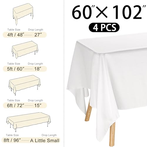 Image of 4 Pack Rectangle Tablecloth 60x102 Inch White Washable Polyester Table Cover for Wedding Dining Table Buffet Parties Banquet Decoration(White)