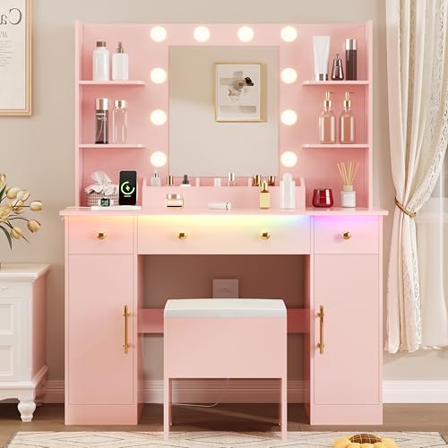 Image of HUANLEGO Vanity Desk with Mirror and Lights,Pink Makeup Vanity with Charging Station & Vanity Stool, 3 Drawers and Cabinets White Vanity Mirror with RGB LED Lights Vanity Desk and Chair for Women