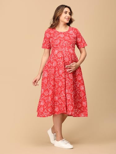 Image of The Mom Store Maternity and Nursing Dress | Pre and Post Pregnancy Dress | Zipper /Button Opening | Causal Wear | Trendy Stylish Causal Dresses for New Moms