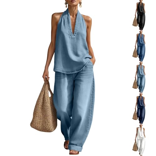 Sexy Two Piece Outfit Denim Set for Women 2 Piece Sexy Sleeveless Halter Neck Tank Top Vest Matching Jean Sets Wide Leg Pants Airport Outfits Casual Summer Trendy Vacation Clothes Light Blue L