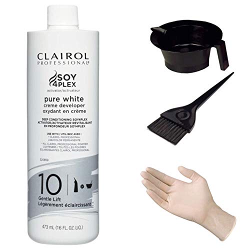 Clairol Professional Soy4plex Pure White Creme Hair Color Developer 16 oz, 10 Volume (Including Hair Coloring Mixing Bowl, Dye Brush & Disposable Protective Gloves) Hair Coloring Dye Kit