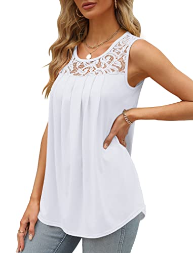 Image of Saloogoe Summer Tank Tops for Women Loose Fit Pleated Tunics Scoop Neck Sleeveless Lace Tops Curved Hem Flowy