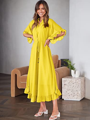 Anrabess Women's 2023 Summer Dress V Neck 3/4 Bell Sleeve High Waist Ruffle Hem A-Line Bohemian Maxi Dresses 746Huangse-M Yellow #TOP3