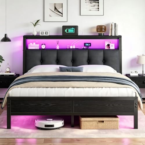 Image of Homkdom Queen Bed Frame with Charging Station and 12 inch Under-Bed Storage | 2AC Outlets&1USB-C&1USB-A,LED Linghts,Upholstered Storage Headboard,Noise-Free,No-Sliding,Supports up to 1000 lbs,Black