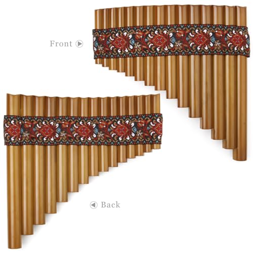 15 Pipes Bamboo Wooden Pan Flute Pipe with Multicolored Tribal Print - Handmade Woodwind Gifts Musical Instrument (15Z-Red-L)