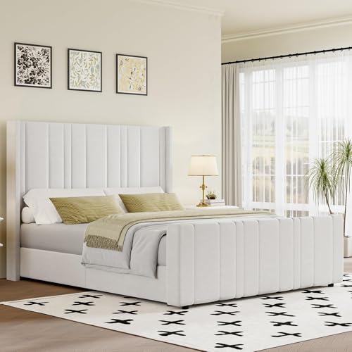 HOMBCK Full Size Bed Frame, Soft Velvet Upholstered Bed Frame with Vertical Channel Tufted Wingback Headboard & Tall Footboard, Soft Frame Bed, No Box Spring Needed, Noise Free, Easy Assembly, White