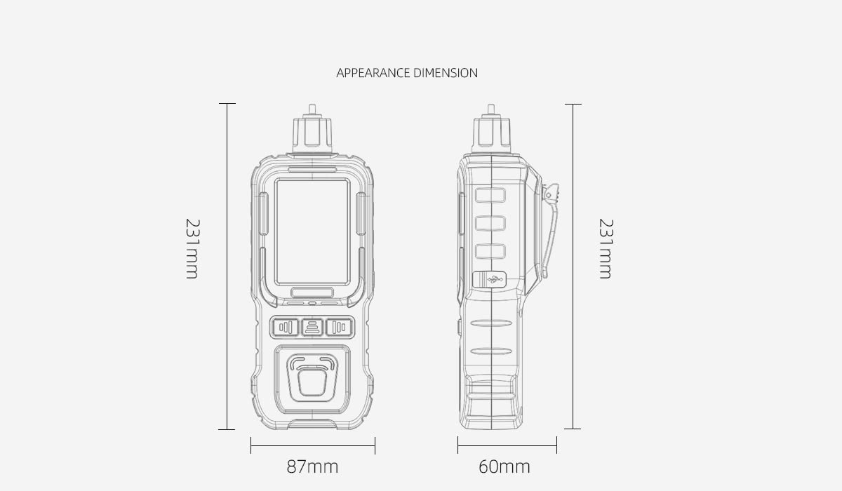 Diagram showing the dimensions of the K-600M gas detector