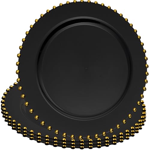 PLASTICPRO Black with Gold Rim Plastic Charger Plates with Beaded Edge – Pack of 4 – 13 PLASTICPRO Black with Gold Rim Plastic Charger Plates with Beaded Edge – Pack of 4 – 13