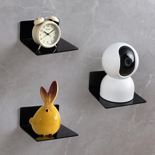 AYESY Estanteria Pared, 3 Piezas Acrílico Estantes de Pared Sin Agujeros 10 cm Estantes Flotantes Autoadhesivo para habitación de los Niños con Clips Cables para Baño Cocina Oficina en Casa-Negro