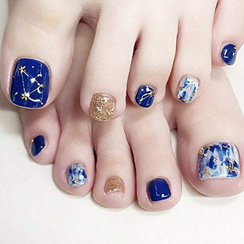 LittleB Glossy Fake Toe Nails Glossy Blue False Toenail Press On Artificial Nails Art for Women and Girls(24pc)