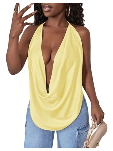 SOLY HUX Women's Sexy Cowl Neck Tops Deep V Neck Draped Halter Tie