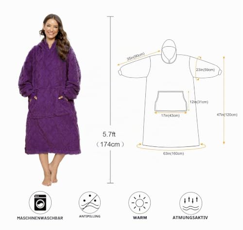 ililmmoe Sherpa tragbare Decke Übergroße Hoodie Sweatshirt TV Decke mit Langen Ärmeln und Tasche, Jacquard Tiefviolett – Ansicht 4