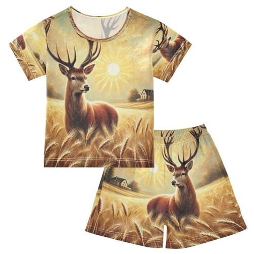 Deer Wheat Field Golden Pajama Set Short Sleeve Summer Pajamas Shorts Sets PJ Clothes Set Soft 5Y
