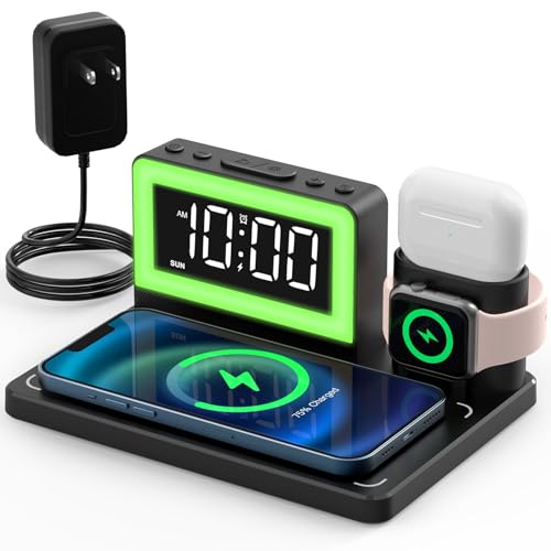 5 in 1 Charging Station for Multiple Devices,Fast Wireless Charging Station with Alarm Clock,