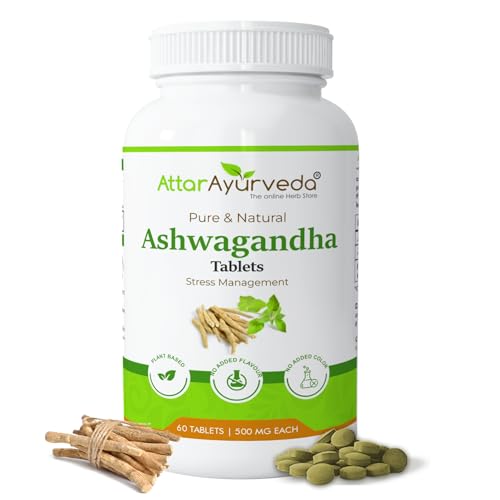 Image of Attar Ayurveda Ashwagandha tablet (500mg) - 60 tablets | General Wellness | Stress Relief | Improves Strength and Energy | Pure and Natural