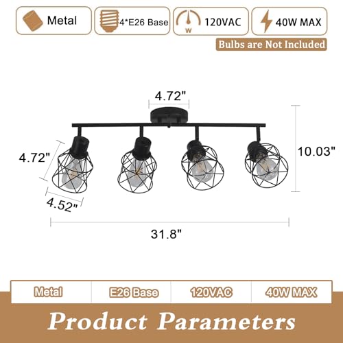 Image of BUXVRCS Adjustable Multi-Directional Black Light Fixtures, Kitchen Track Lighting, Kitchen Light Fixtures Ceiling Mount, Geometric Metal Cage Industrial Spotlight Fixtures for Dining Room