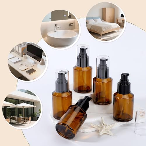 Image of Segbeauty 2oz Refillable Glass Travel Size Empty Bottles, 5pcs Amber Lotion Pump Bottles Empty, 60ml Mini Travel Lotion Container, Small Cosmetic Container Bottle Pump Dispener for Creams Oils Liquids