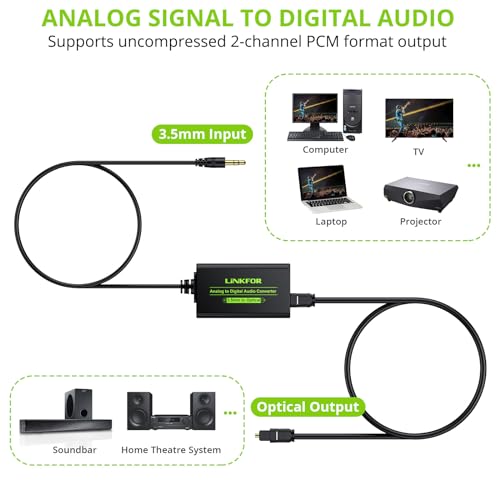 LiNKFOR 3.5mm to Optical Converter - Analog to Digital Audio Converter with Optical Cable for HDTV Projector PC to Soundbar