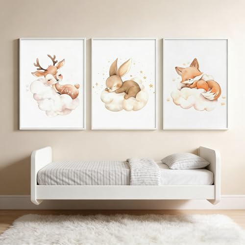 BeiYiHo 3 Affiche Animaux Chambre Bebe Fille Deco Tableau Enfant Poster Beige Decoration Chambre Bébé Renard Biche Lapin Nuage Étoiles Toile 21x30 sans...