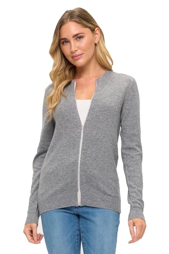 Image of Women's 100% Cashmere Soft Long Sleeve Crew Neck Open Zip Cardigan