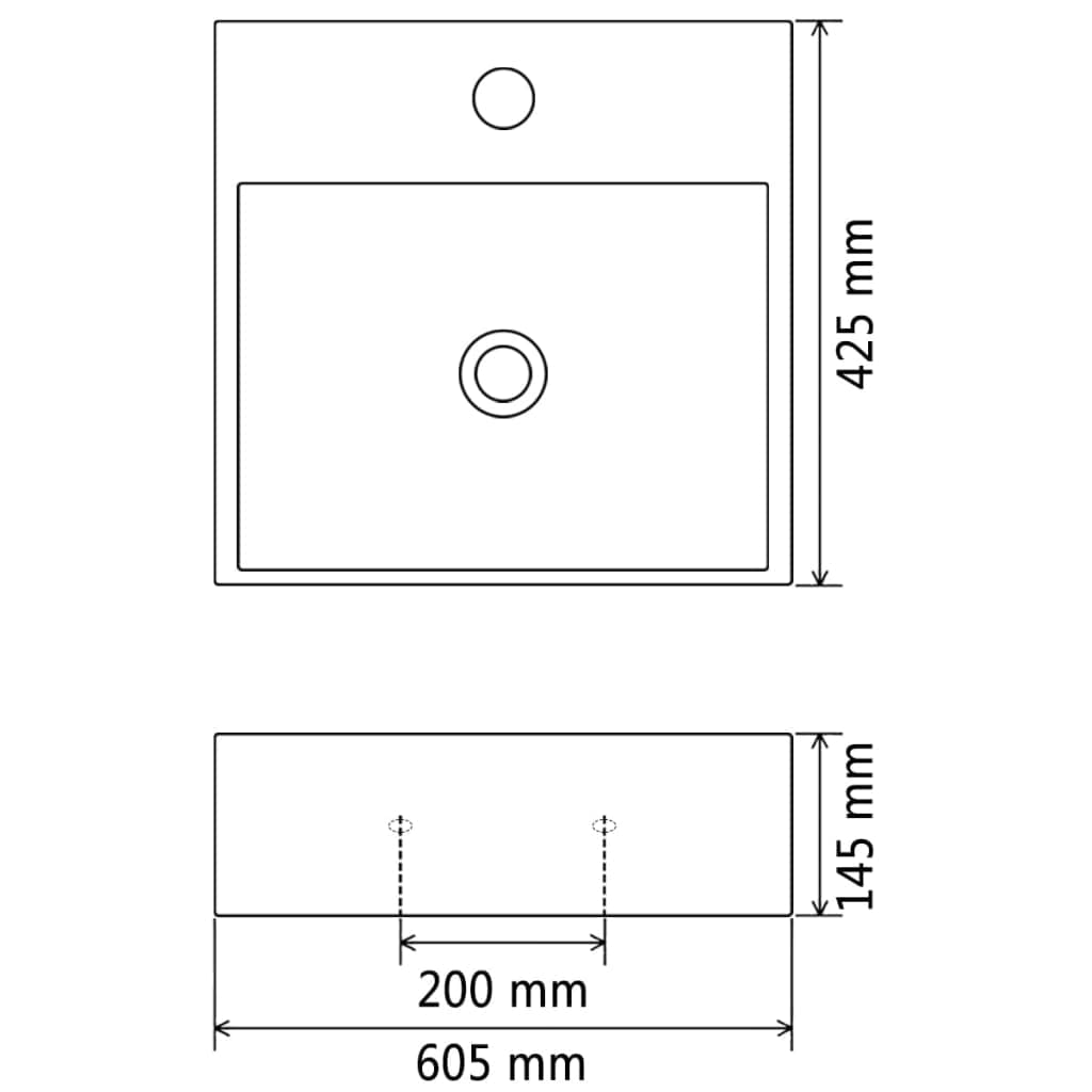 Lavabo con foro per rubinetto, in ceramica, nero, 60,5 x 42,5 x 14,5 cm, per bagno, montaggio a parete o appoggio, salvaspazio, facile da pulire, adatto per ristrutturazione e bagno degli