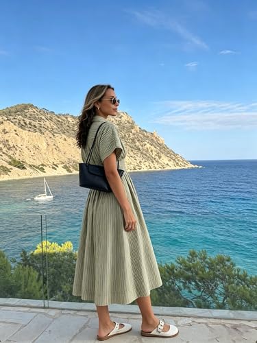 Image of MSBESYOR Women Button Front Pleated Shirt Maxi Dress Summer Striped Prints Short Sleeve Collar Casual Long Dresses