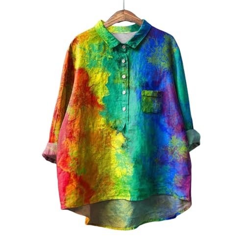 Blusas casuais de linho de manga comprida para mulheres elegantes estampadas retrô camisetas túnica