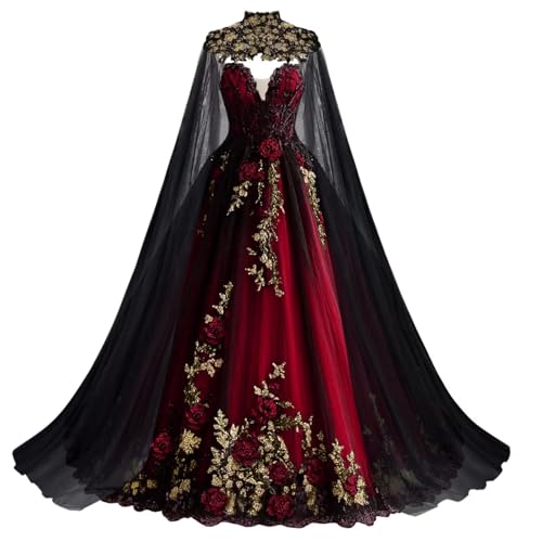 Mauuwy Gold Beaded Wedding Dresses for Brides Victorian's Wedding Gowns with Cape Flowers Bride Dress for Women