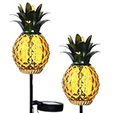 Teravem Solar Lanterns Outdoor Waterproof Glass Pineapple Garden Decor, Hanging Solar Stake Lights Yard Art, Outside Patio Decorations Gardening Birthday Gifts for Mom Grandma Women, 2 Pack