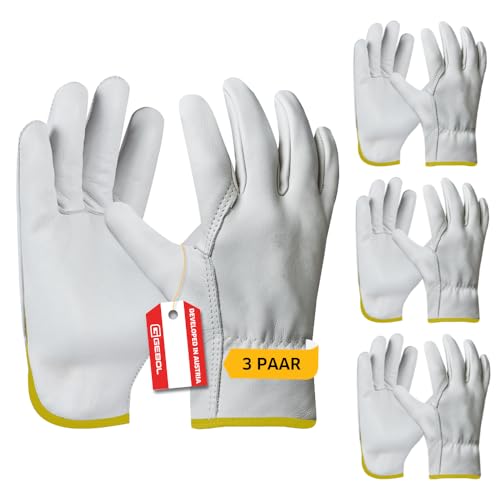 Gebol Gartenhandschuhe aus Ziegenleder, 3 Paar Lederhandschuhe für Garten, Arbeit & Freizeit, Extraweiches Leder, Dornenfest, mit Gummizug & elastischem Bündchen, Gr. S/7, Weiß