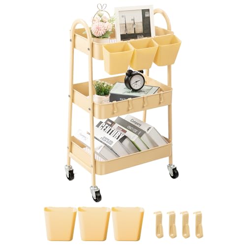Image of danpinera 3-Tier Rolling Cart, Metal Rolling Storage Cart with Lockable Wheels & Hanging Cups & Hooks, Mobile Trolley Cart for Kitchen, Bathroom, Office, Workshop, Yellow
