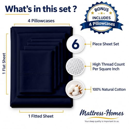 Mattress-Homes 100% Egyptian Cotton California King Sheet Set, 6 Piece Hotel Luxury Bedding, 21 Inch Extra Deep Pocket Fitted Sheet, Soft Cooling Cal King Sheets, 4 Pillowcases, Navy Blue by Mattress-Homes - Used condition - Image 3