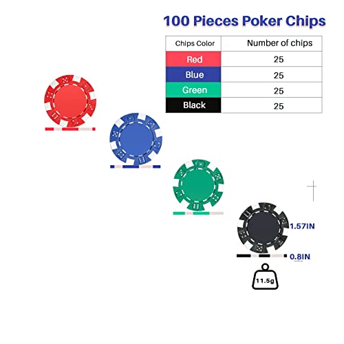 PLAYWUS Poker Chip Travel Set, 100PCS Poker Chips in Cardboard Box,11.5 Gram Chips for Texas Holdem Blackjack Gambling