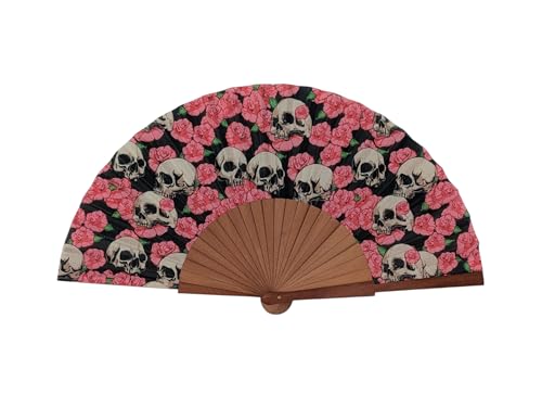 Abanico Español Artesanal 'Skull Calavera' - Madera de Peral y Algodón - Diseño Exclusivo Calaveras - 23 cm - Hecho a Mano en España
