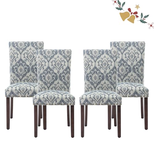 Image of Parsons Dining Chairs Set of 4, Upholstered Nailhead Dining Room Kitchen Side Chair with Thick Cushions and Wood Legs, White /Blue