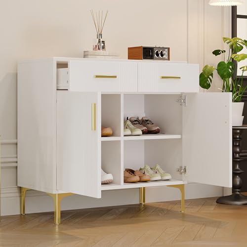 YuQozii Aparador moderno con 2 puertas y 2 cajones, con asas de metal y patas de metal para salón, pasillo o comedor. Dimensiones: 80 cm x 35 cm x 79,5 cm