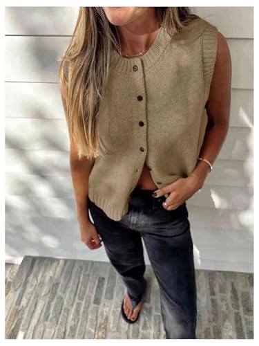 Image of Milumia Women's Round Neck Button Up Sweater Vet Sleeveless Basic Knit Tops Khaki Small