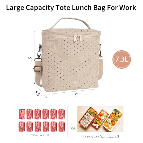 neatlife Lunch Bag for Women, Soft Linen Lunch bag with adjustable shoulder strap, Insulated Womens Lunch Bag for Work, Machine Washable Lunch Box with removable liner (Black Small Dots)