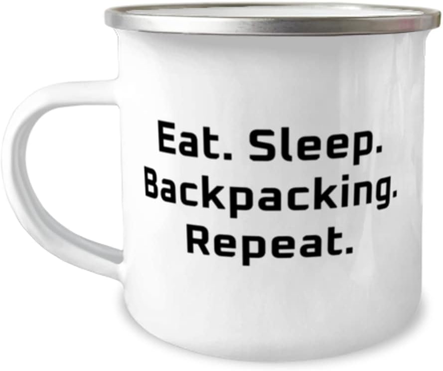 Eat. Sleep. Backpacking. Repeat. Backpacking 12oz Camper Mug, New Backpacking Gifts, For Friends, Hilarious backpacking gifts, Funny camping gifts, Humorous hiking gifts, Comical outdoor gear
