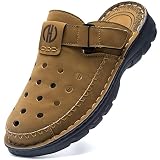 BUGUKI Clogs Mens Mules Summer Leather Sandals Closed Toe Outdoor Beach Garden Clogs Shoes for Male
