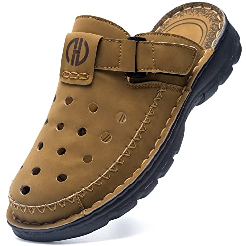 Buguki Clogs Mens Mules Summer Leather Sandals Closed Toe Outdoor Beach Garden Clogs Shoes For Male Khaki 47 #TOP8