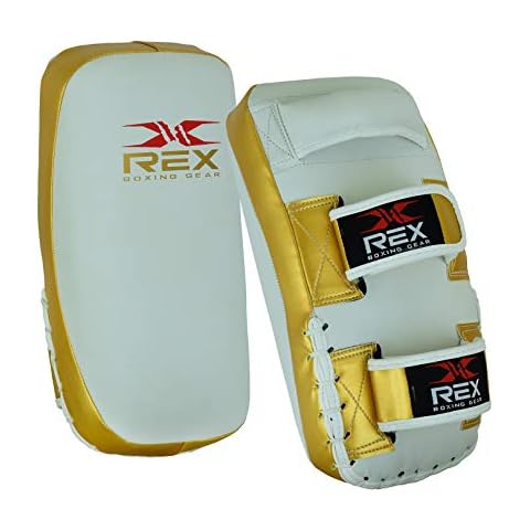 Rex Sports Kick Pad Pair For Training Target Focus Pad Strike Body Shield for MMA Punching Martial Arts Foot Knee and Elbow Target Taekwondo Karate (Gold & White) Cover
