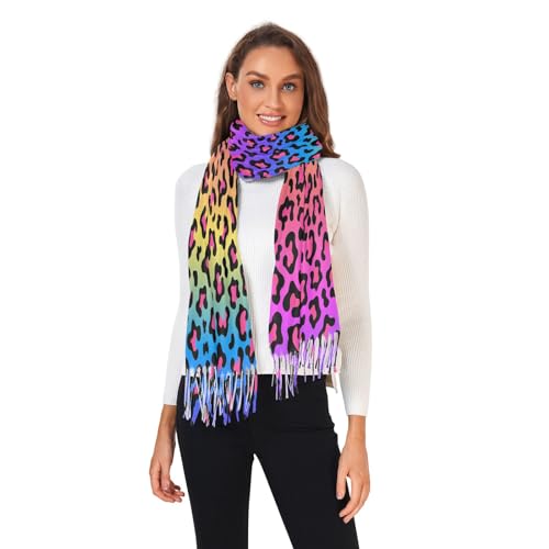 Neon Rainbow Colored Leopard Womens Scarf, Fashion Long Shawls Grid Wraps Winter Warm Lattice Large Scarves