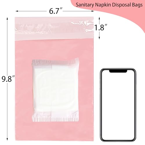 Image of Sanitary Napkin Disposal Bags Feminine Hygiene Bags,100Pcs, Pink, 6.7x9.8IN | 1.67 Mil Thickness, Self-adhesive, Disposable Period Trash Bags, For Pads and Tampons, Blocks Odors