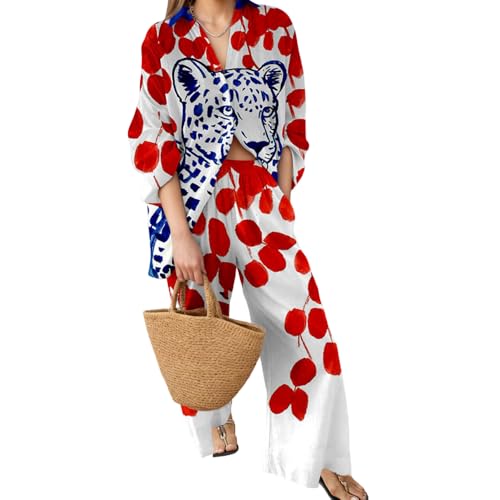 Women's Vacation Floral 2 Piece Sets Beach Button Down Long Sleeve Shirt Tops and Wide Leg Long Pants Casual Outfits
