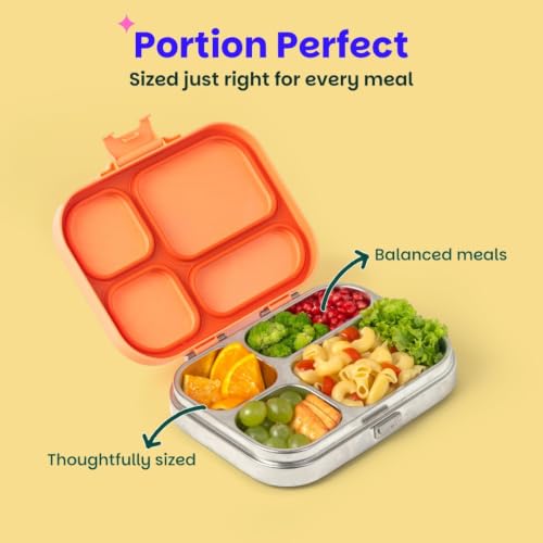 Image of Basil Bento Box Quad - 4 Compartment Stainless Steel Lunch Box with BPA-Free Plastic Lid | 800 ml Leak-Proof Tiffin Box for Kids & Adults | Premium School, Office, and Picnic Lunch Box - Coral Swirl