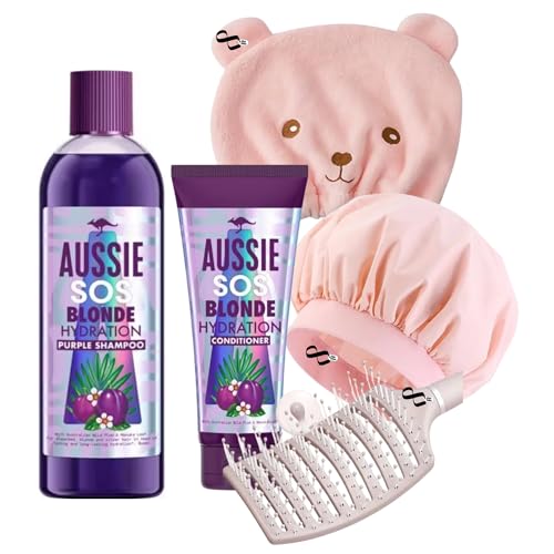 Purple Shampoo & Conditioner For Blonde Hair Care Set -290ml Aussie Shampoo and Conditioner 200ml Vegan Blonde Hydration Bundled with 1 x Detangling Hair Brush 1 x Shower Cap 1 x Hair Drying Cap