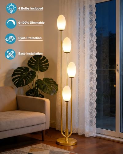 Image of Lightdot Gold Floor Lamp 4-Lights Dimmable Floor Lamps with Oval Lampshade 3000K Bulbs Included Unique Modern Standing Tall Lamp with 5Lbs Heavy Base for Living Room /Bedroom /Sofa Beside /Corner Decor