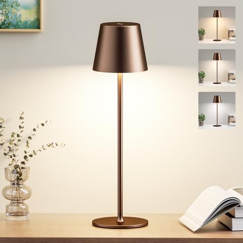 PreeOtti Tischlampe Kabellos, Akku LED Tischleuchte Touch mit 3 Farbtemperatur, Stufenlos Dimmbar, Touch Lampe mit USB-C Aufladbar für Outdoor Nachttisch Esstisch Camping(Braun)
